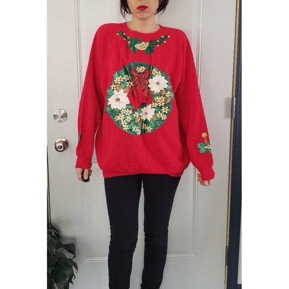 Vintage‎ 90s Christmas Wreath Sweatshirt - Picture 1 of 5